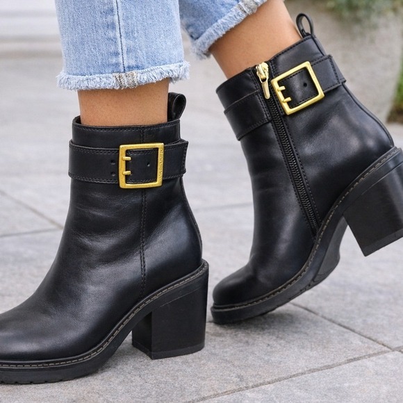 Vince Camuto Shoes - Vince Camuto Black Leather Moto Ankle Boots Gold Buckle Block‎ Heel Square Toe